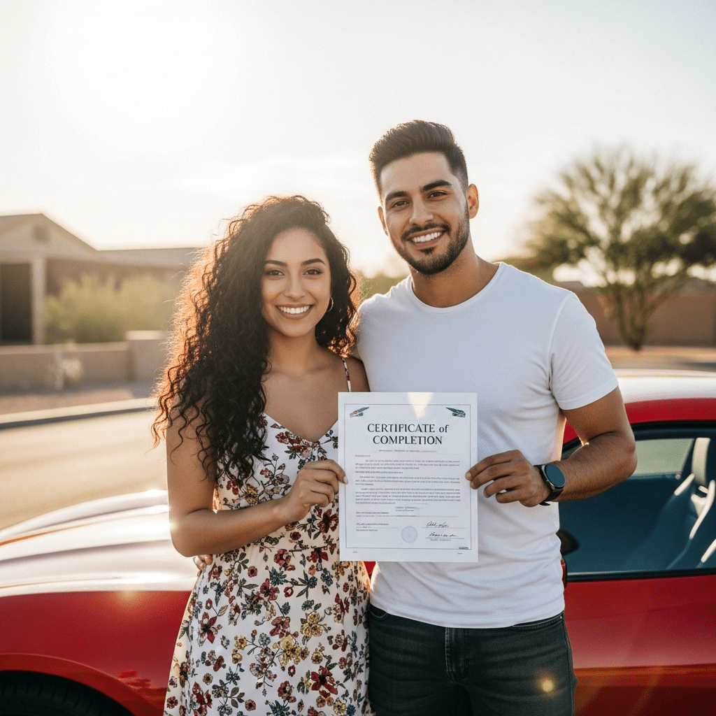 Happy couple by their car after completing Arizona defensive driving course